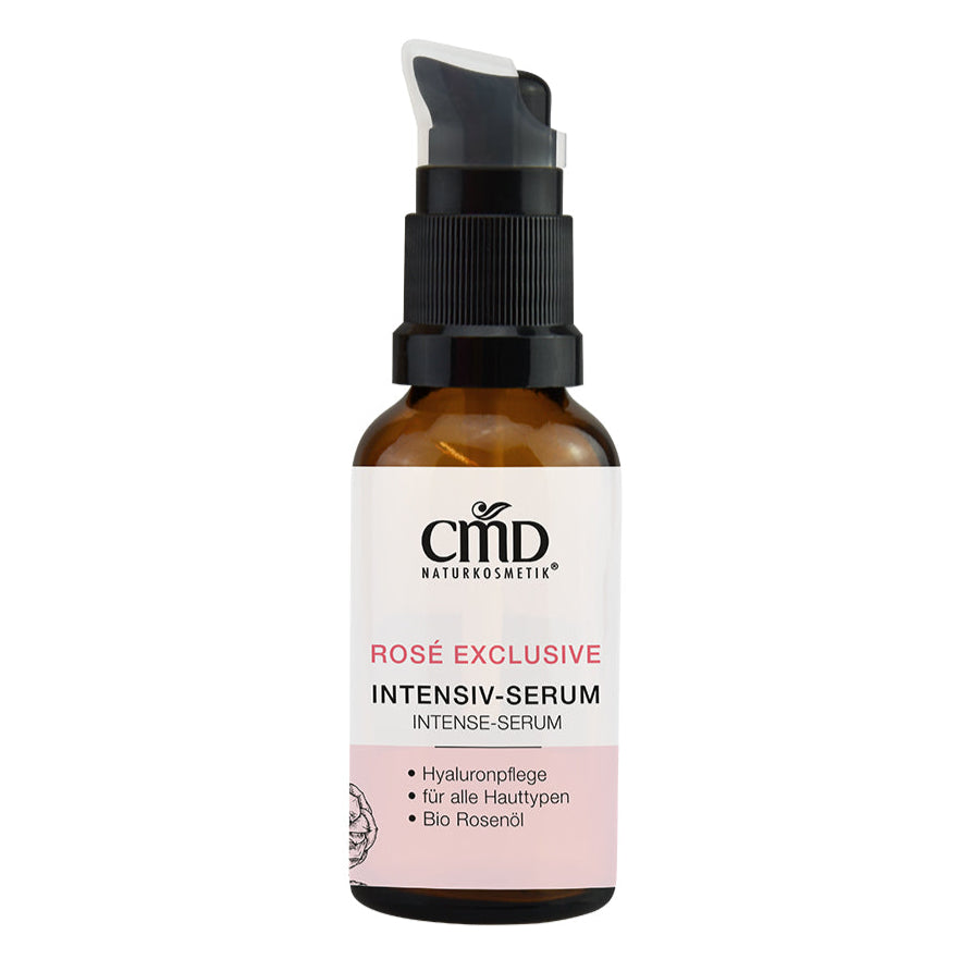 CMD NATURKOSMETIK Rosé Exclusive Intensiv-Serum – Während der Hyaluronsäure-Komplex die Feuchtigkeitsdepots nachhaltig aufpolstert und feine Linien reduziert, beruhigen Bio Borretschsamen- und Bio Nachtkerzenöl die Haut, 30ml