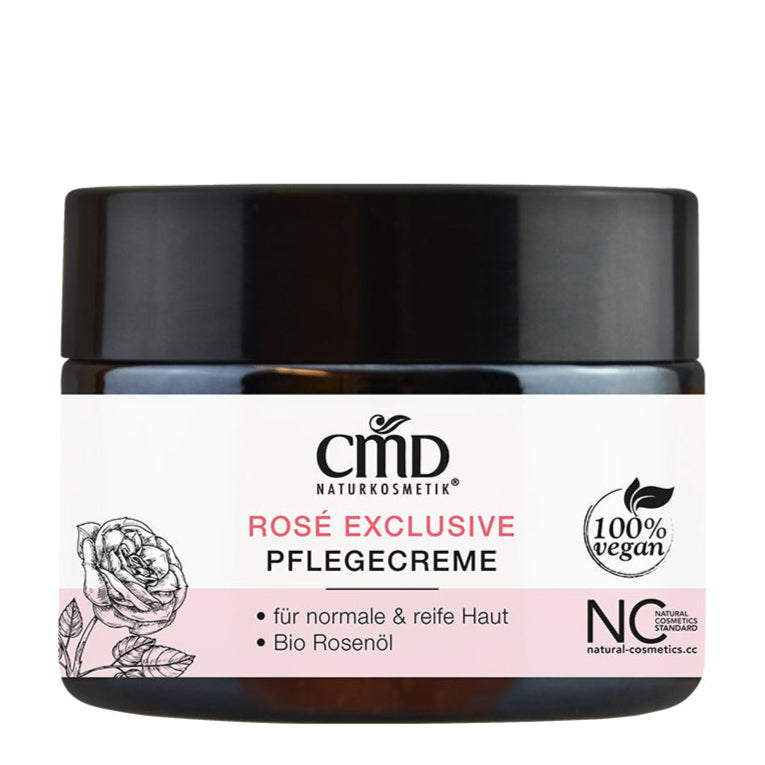 CMD NATURKOSMETIK Rosé Exclusive Pflegecreme – nährt und verwöhnt die Haut mit wertvollen Pflanzenextrakten und Naturölen, wie z.B. Bio Mandelöl, Bio Kokosöl, Bio Rosa Mosqueta und Bio Nachtkerzenöl., 50ml