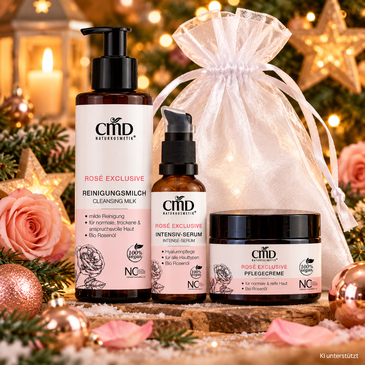 CMD NATURKOSMETIK Rosé Exclusive Winter Glow Ritual – Limited Christmas Edition, -, Einzelprodukte Organzasäckchen weihnachtlicher Hintergrund