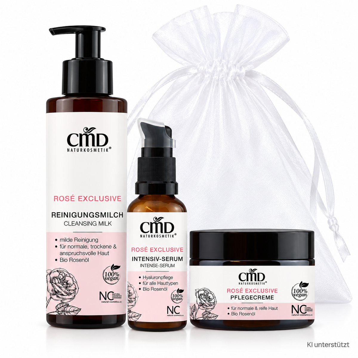 CMD NATURKOSMETIK Rosé Exclusive Winter Glow Ritual – Limited Christmas Edition, -, Einzelprodukte Organzasäckchen weißer Hintergrund
