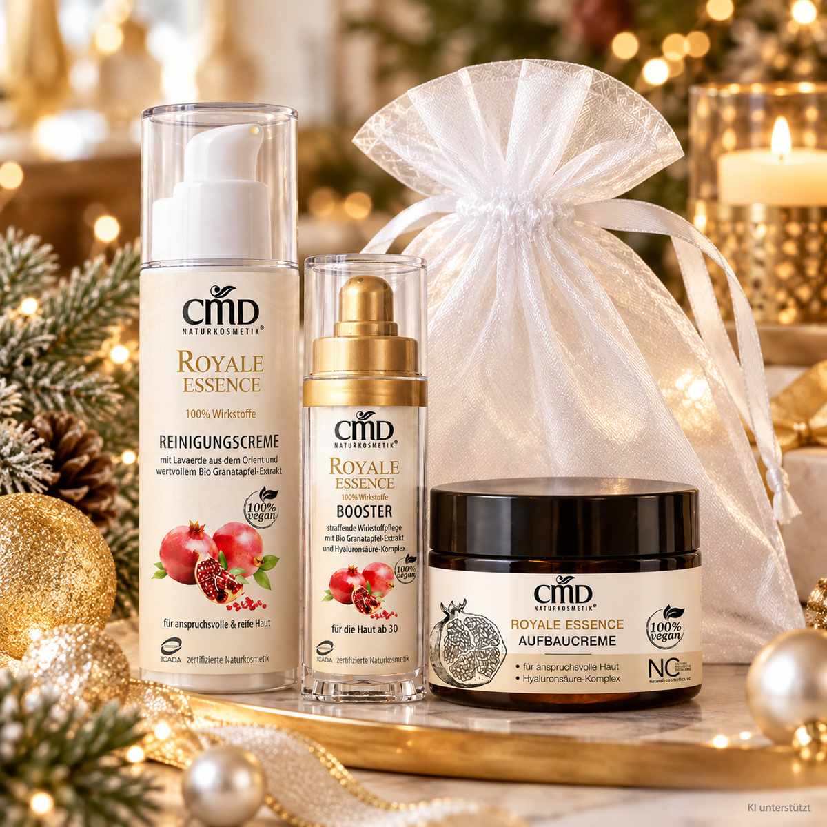 CMD NATURKOSMETIK Royale Essence Luxus-Pflegeritual – Limited Christmas Edition, -, Einzelprodukte Organzasäckchen weihnachtlicher Hintergrund