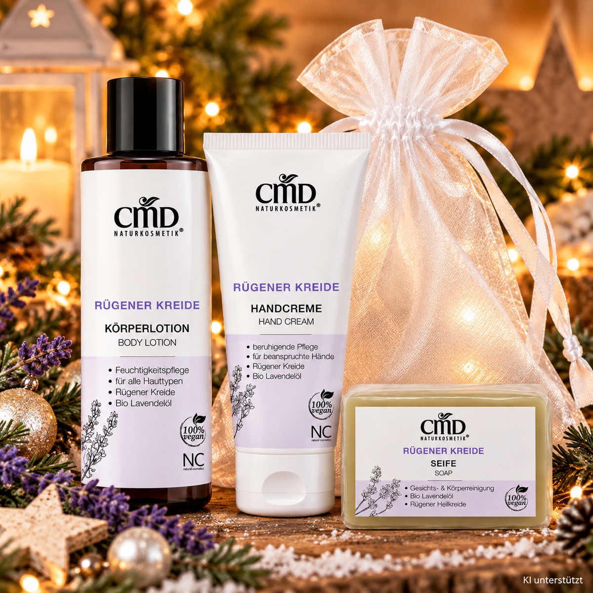 CMD NATURKOSMETIK Rügener Kreide Winter Care Trio – Limited Christmas Edition, -, Einzelprodukte Organzasäckchen weihnachtlicher Hintergrund