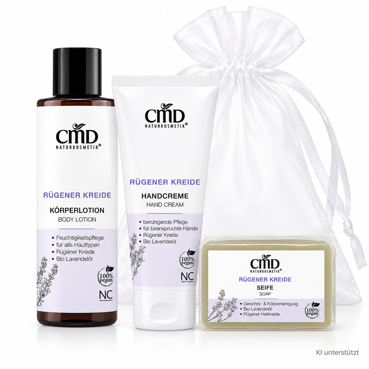 CMD NATURKOSMETIK Rügener Kreide Winter Care Trio – Limited Christmas Edition, -, Einzelprodukte Organzasäckchen weißer Hintergrund