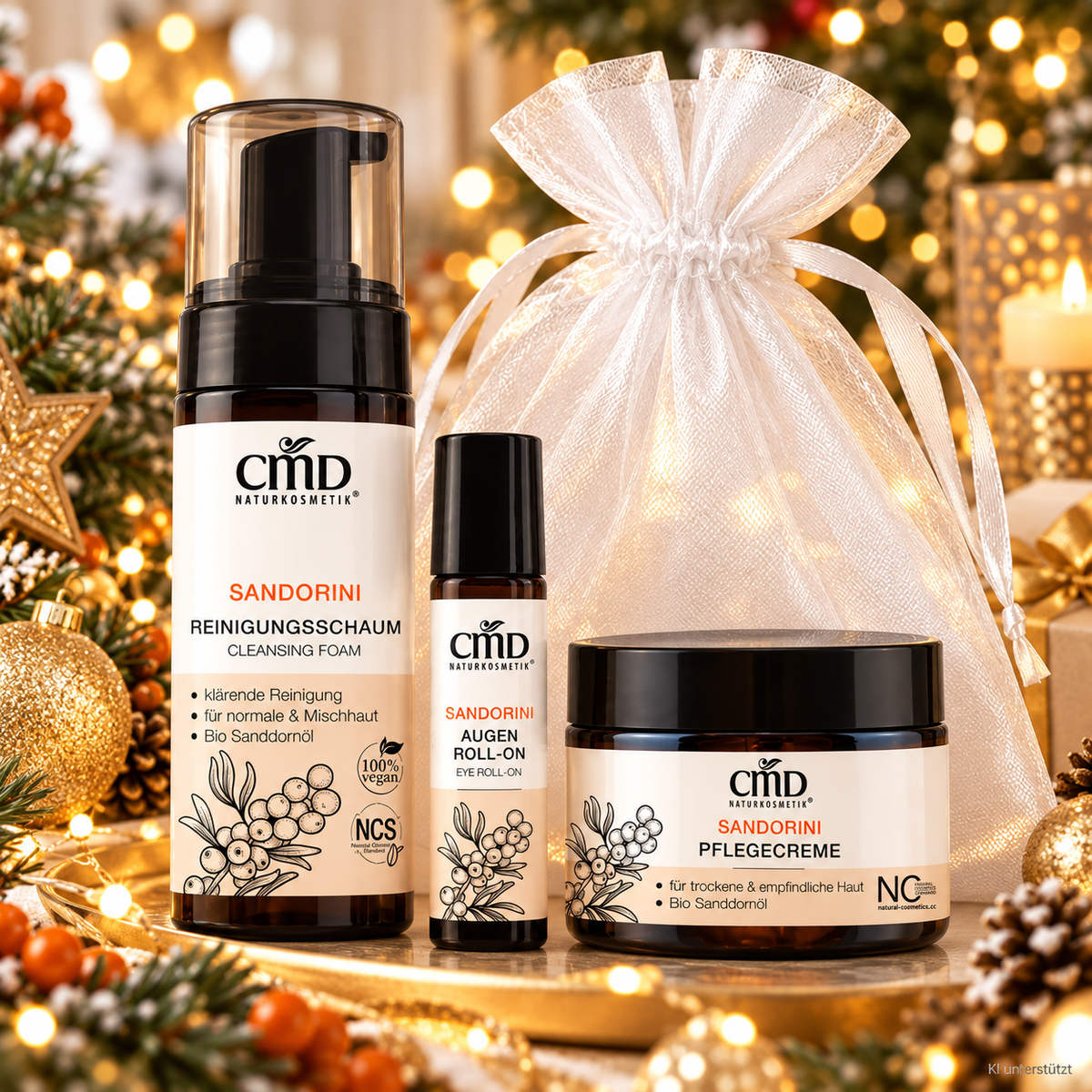CMD NATURKOSMETIK Sandorini Sanddorn-Pflegeritual  – Limited Christmas Edition, -, Einzelprodukte Organzasäckchen weihnachtlicher Hintergrund