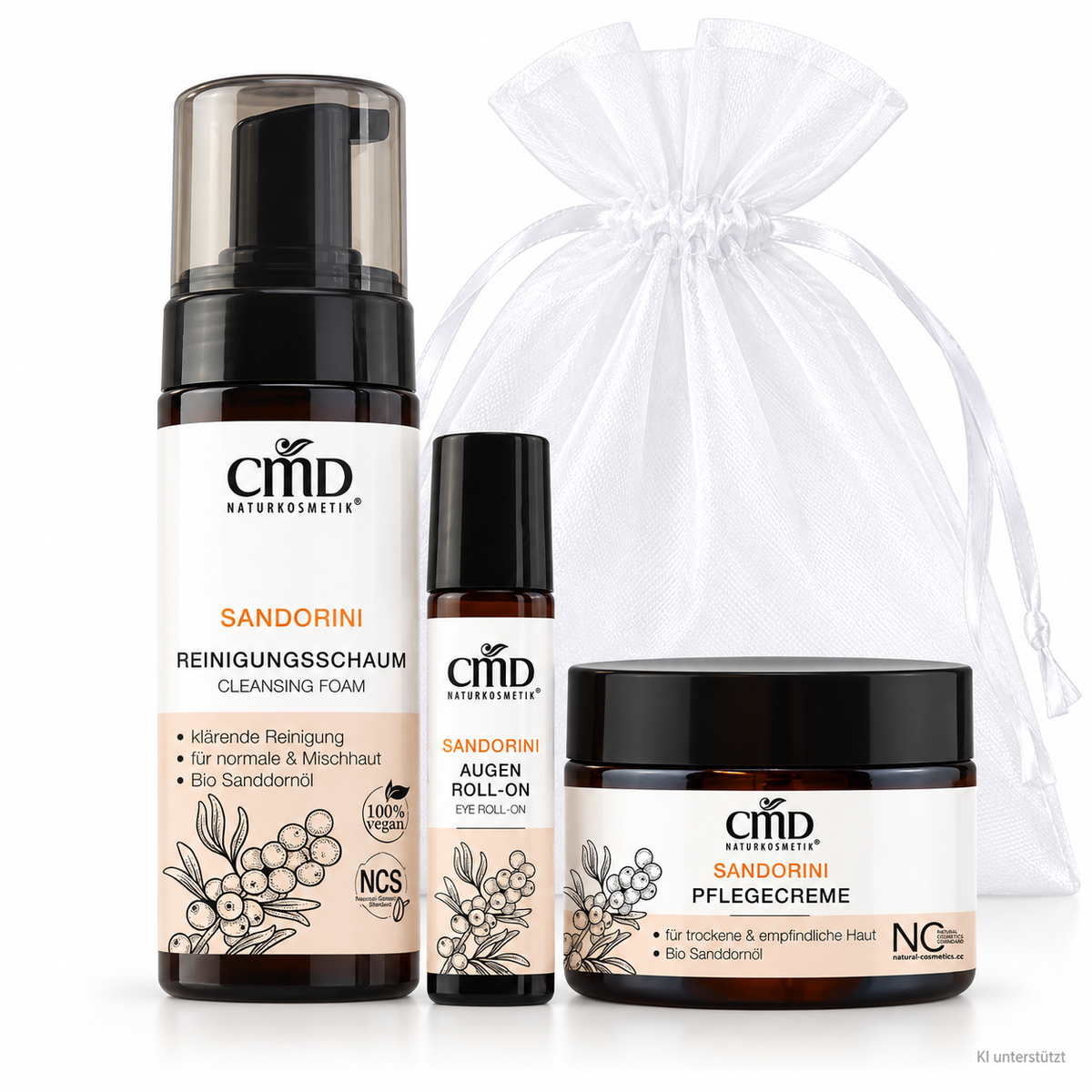 CMD NATURKOSMETIK Sandorini Sanddorn-Pflegeritual  – Limited Christmas Edition, -, Einzelprodukte Organzasäckchen weißer Hintergrund