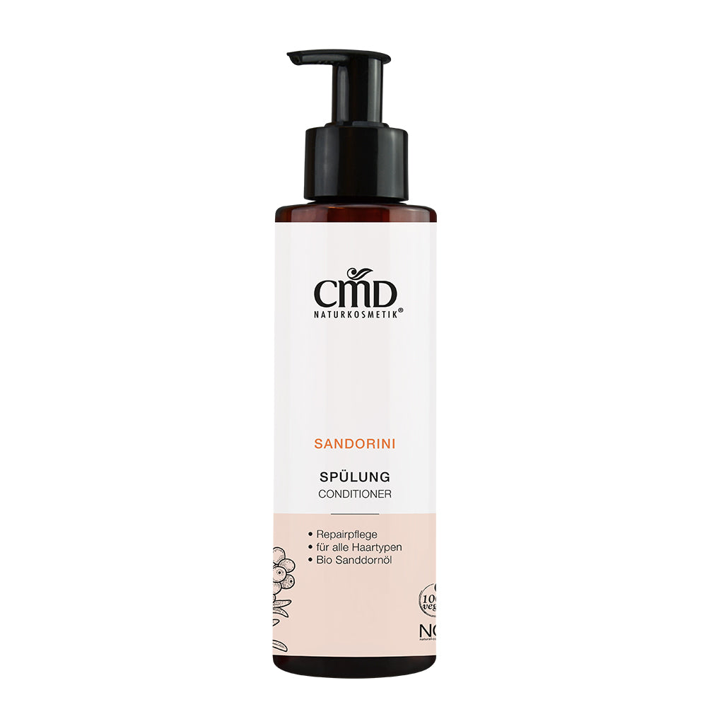 CMD NATURKOSMETIK Sandorini Spülung – reduziert effektiv die Trockenheit und Brüchigkeit der Haarsträhnen, während es vor Wasserverlust schützt sowie die Regeneration und Elastizität fördert., 200ml