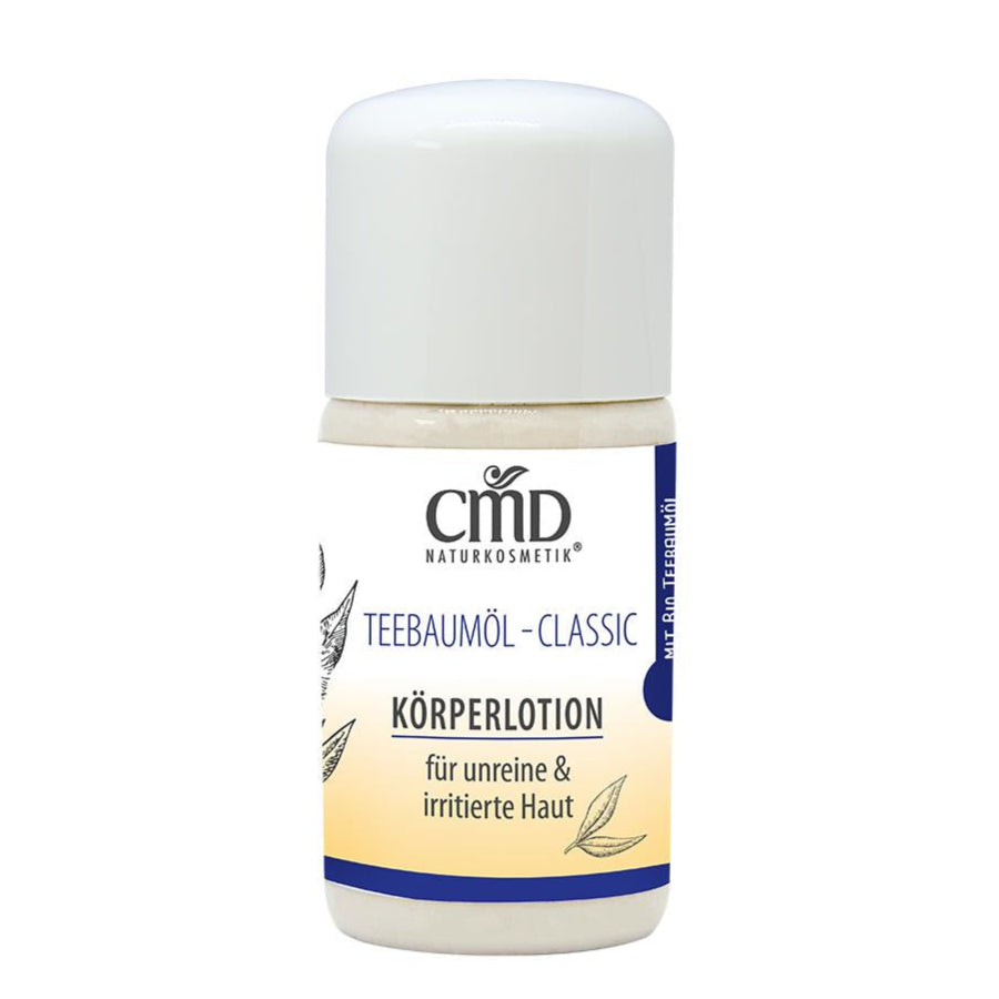 CMD NATURKOSMETIK Teebaumöl Körperlotion – besonders pflegend und verhindern das Austrocknen der Haut. Die Körperlotion ist mit Bio Jojobaöl angereichert und hat somit hohe rückfettende Eigenschaften., 30ml