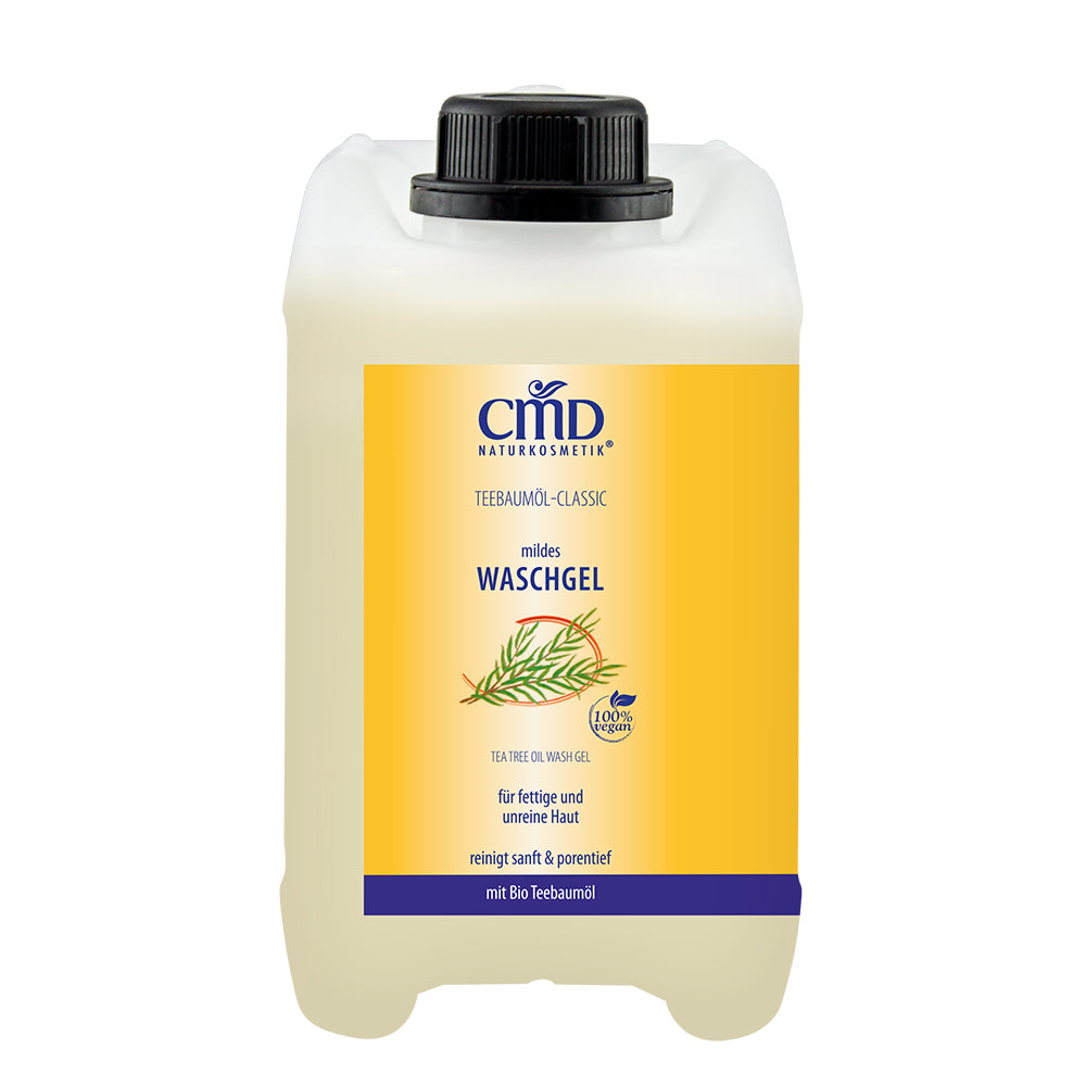 CMD NATURKOSMETIK Teebaumöl Waschgel Kanister – reinigt Deine Haut porentief ohne sie auszutrocknen.  Bio Rosenwasser und Lavendelöl wirken zusätzlich beruhigend und beugen Rötungen vor., 2,5 Liter