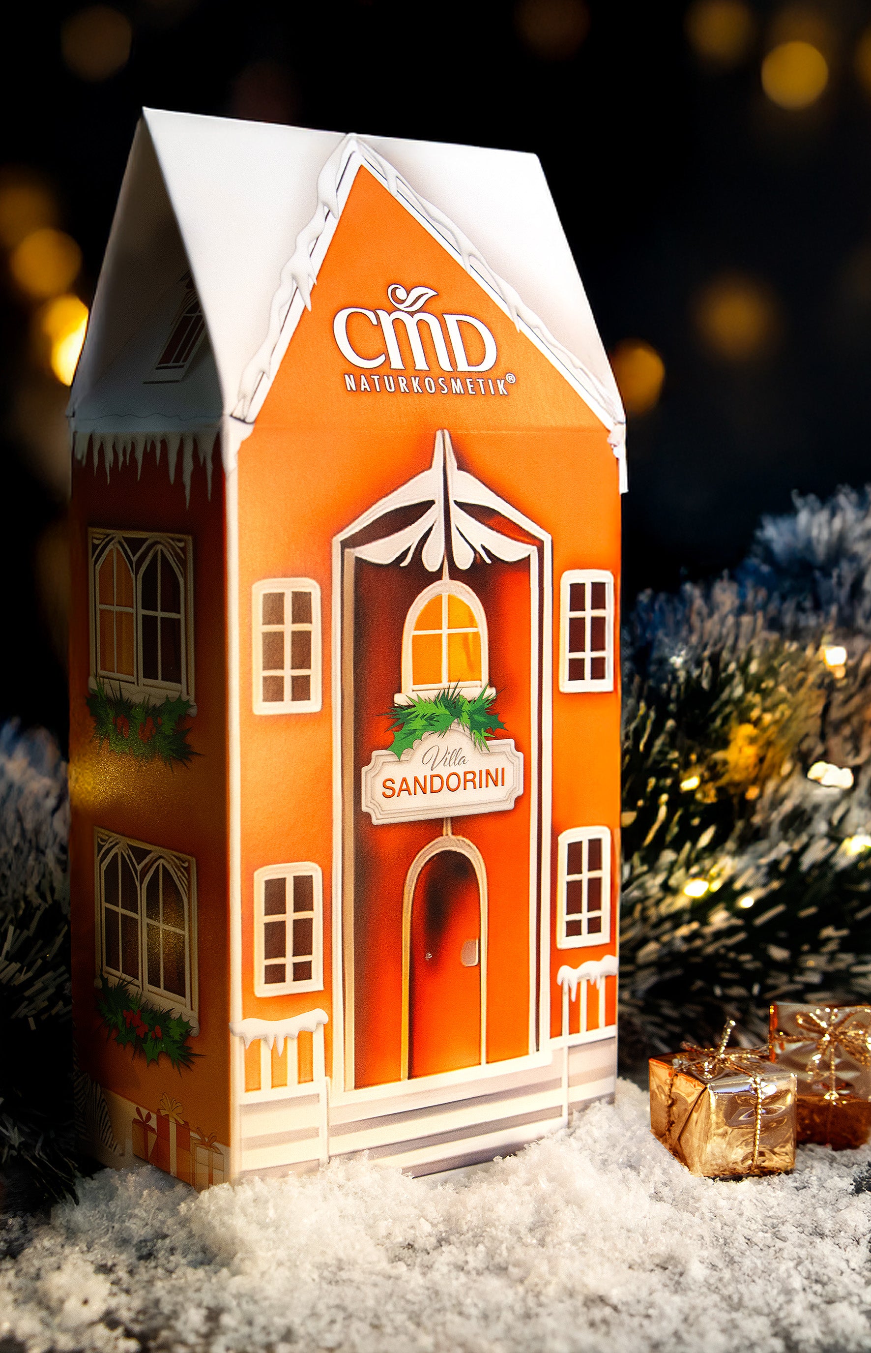 CMD NATURKOSMETIK Weihnachtsset Villa Sandorini – 1Stk, Geschenkbox mit Tannenzweigen und Kunstschnee