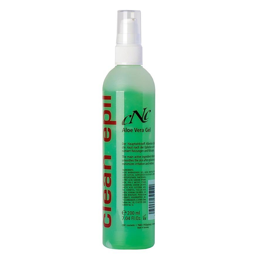 CNC Aloe Vera Gel Clean epil – Die Antiseptischen Wirkstoffe der Aloe Vera beruhigen und beugen Hautirritationen vor. Es zieht schnell ein und wirkt nicht fettend.  Geeignet für alle Hauttypen., 200ml