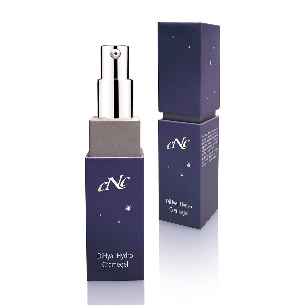 CNC DiHyal Hydro Cremegel, 15ml, Pumpspender offen und geschlossen