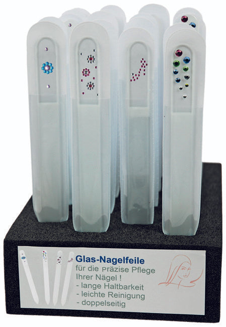 CNC Glasfeile mit Kristallsteinen –  begeistert durch den angenehmen Schliff. Sanft und ohne die Nägel aufzureißen oder zu beschädigen verkürzt sie die Fingernägel und bringt sie in Form. , 1St., Display