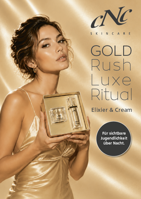 CNC GOLD Rush Luxus-Set – Gold Rush Cream und Elixier, 50ml-30ml, Model hält Geschenk-Set