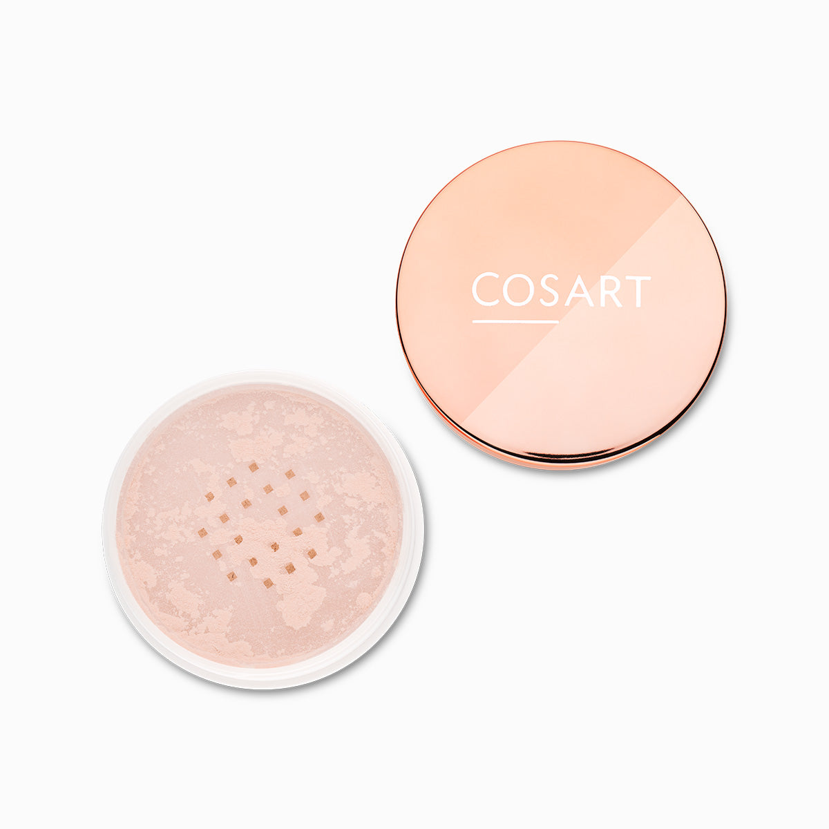 COSART Fixierpuder –  ideal zum Abmattieren und Fixieren des kompletten Make ups. Das lose, transparente Puder ist einfach mit einem Pinsel oder einer Puderquaste aufzutragen und hat eine leichte Textur, 12gr., geöffnet