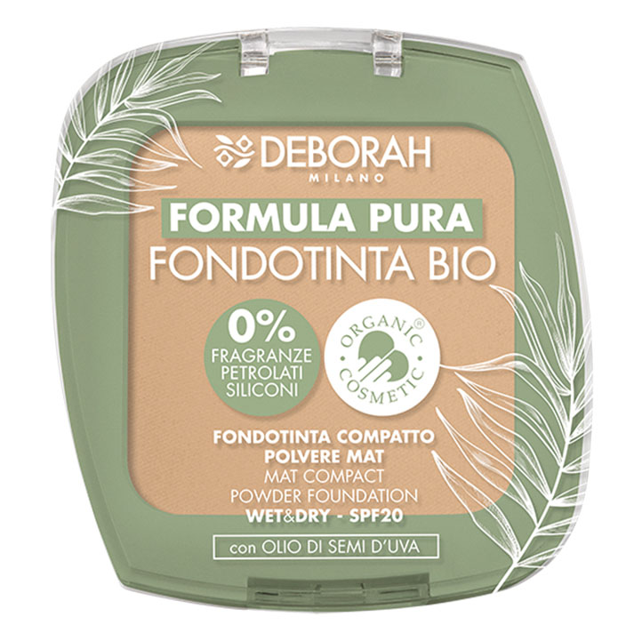 DEBORAH MILANO  Formula Pura Compact Foundation BIO natural – Die Foundation hat eine seidig-glatte, leichte Textur und kann sowohl nass als auch trocken angewendet werden., 9gr.