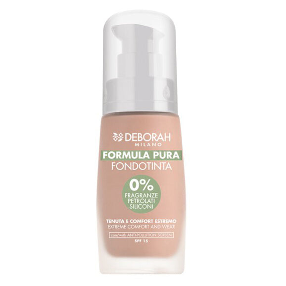 DEBORAH MILANO Formula Pura Foundation – wurde speziell entwickelt, um ultralange Haltbarkeit und absoluten Tragekomfort zu bieten. Sie ist ohne Parabene, Silikone, Erdölderivate, Acrylate und Duftstoffe formuliert und somit auch für die empfindlichste Haut geeignet., 30ml, vanilla