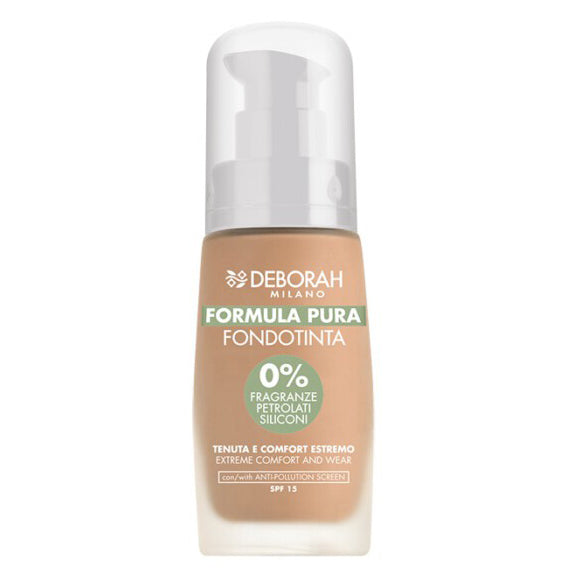 DEBORAH MILANO Formula Pura Foundation – wurde speziell entwickelt, um ultralange Haltbarkeit und absoluten Tragekomfort zu bieten. Sie ist ohne Parabene, Silikone, Erdölderivate, Acrylate und Duftstoffe formuliert und somit auch für die empfindlichste Haut geeignet., 30ml, hazelnut