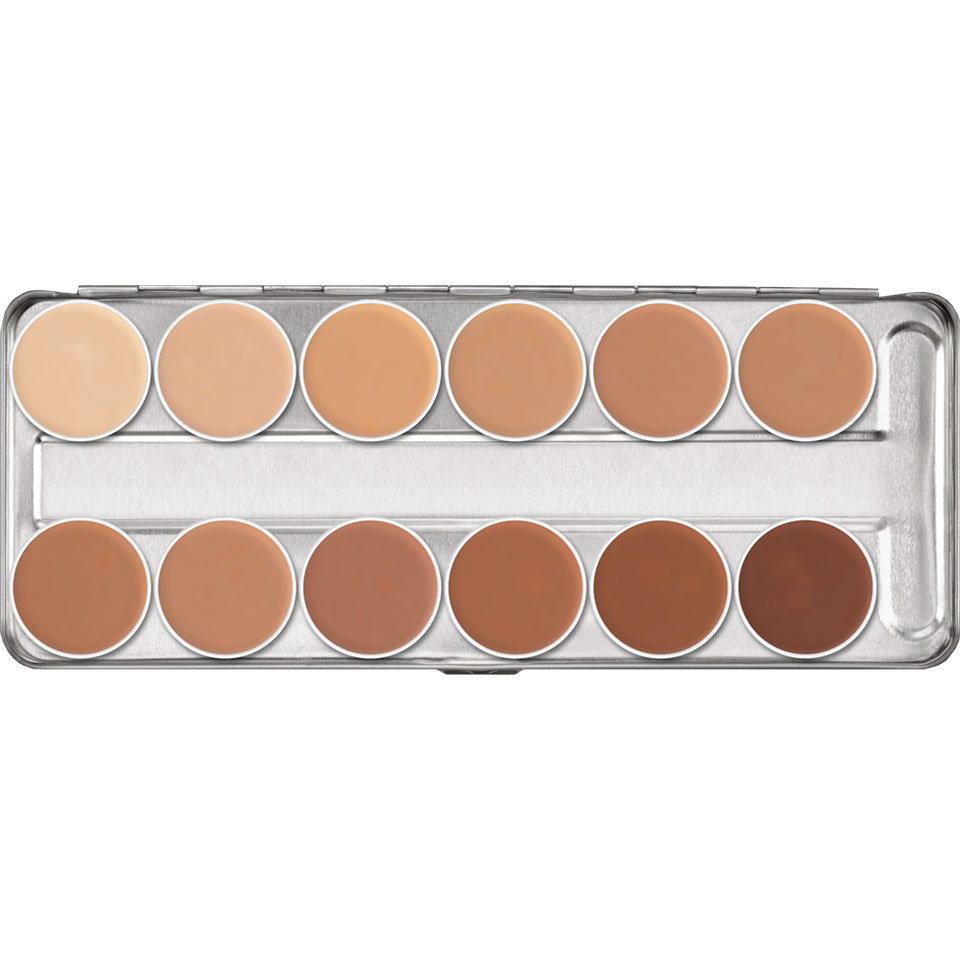 DERMACOLOR Camouflage Creme Palette 12 Farben D-1-W-D-12-W –  ein besonders pigmentstarkes Make-up zur Abdeckung farblicher Hautanomalien, von Narben und Tätowierungen für Gesicht und Hals. Bei sachgemäßer Anwendung deckt es die Problemzonen zuverlässig ab., 40gr.