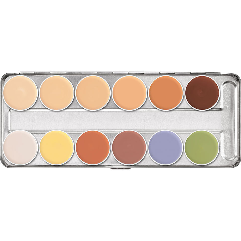 DERMACOLOR Camouflage Creme Palette 12 Farben STN –  ein besonders pigmentstarkes Make-up zur Abdeckung farblicher Hautanomalien, von Narben und Tätowierungen für Gesicht und Hals. Bei sachgemäßer Anwendung deckt es die Problemzonen zuverlässig ab., 40gr.