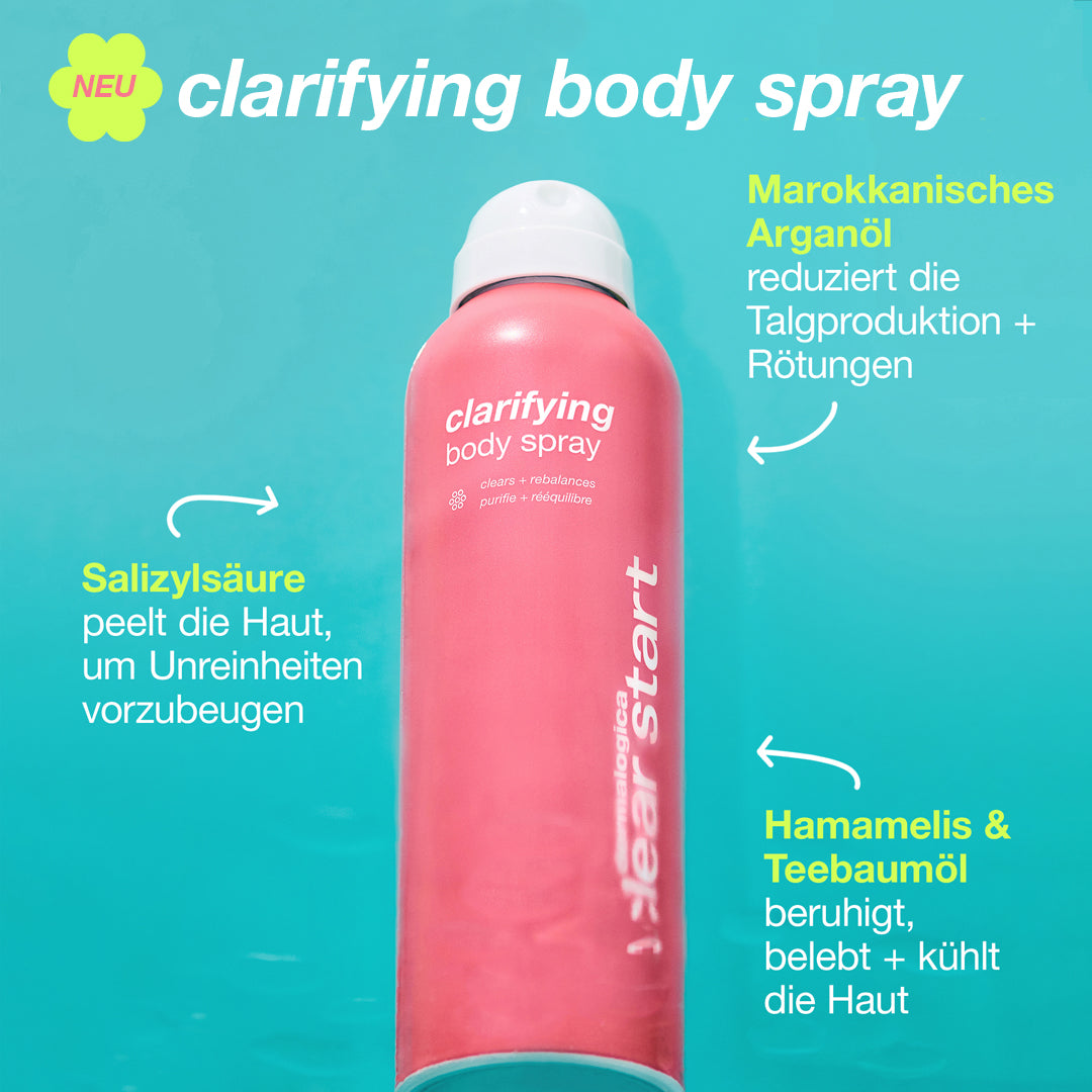 DERMALOGICA Clear Start Clarifying Body Spray – reduziert Unreinheiten an schwer zugänglichen Stellen, wie Rücken, Schultern oder Po. Der superfeine, erfrischende Sprühnebel mit Salicylsäure und Teebaumöl klärt verstopfte Poren, minimiert Entzündungen und beugt so zukünftigen Pickeln vor., 177ml, Vorteile Inhaltsstoffe