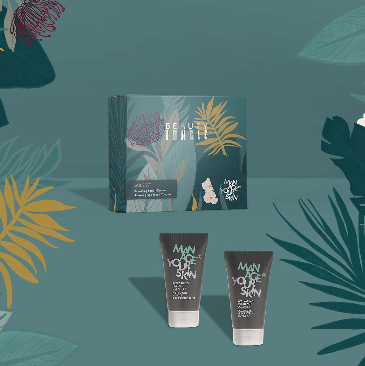 DR SPILLER Beauty Junge Men's Set – Geschenkbox und Produkte, 2x50ml, Geschenkbox und Produkte vor blauem Hintergrund