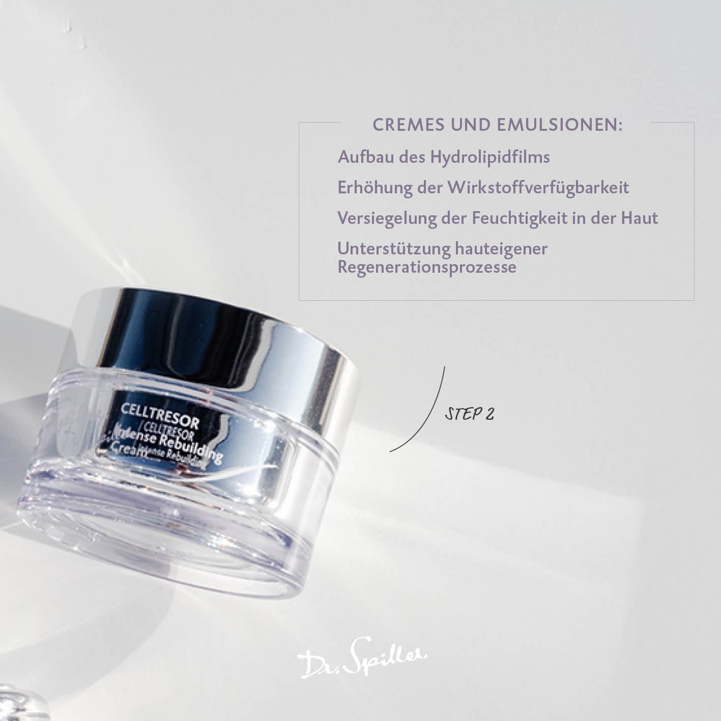 DR SPILLER CELLTRESOR Intense Rebuilding Cream  – 50 ml, Tiegel mit Beschreibung der Vorteile