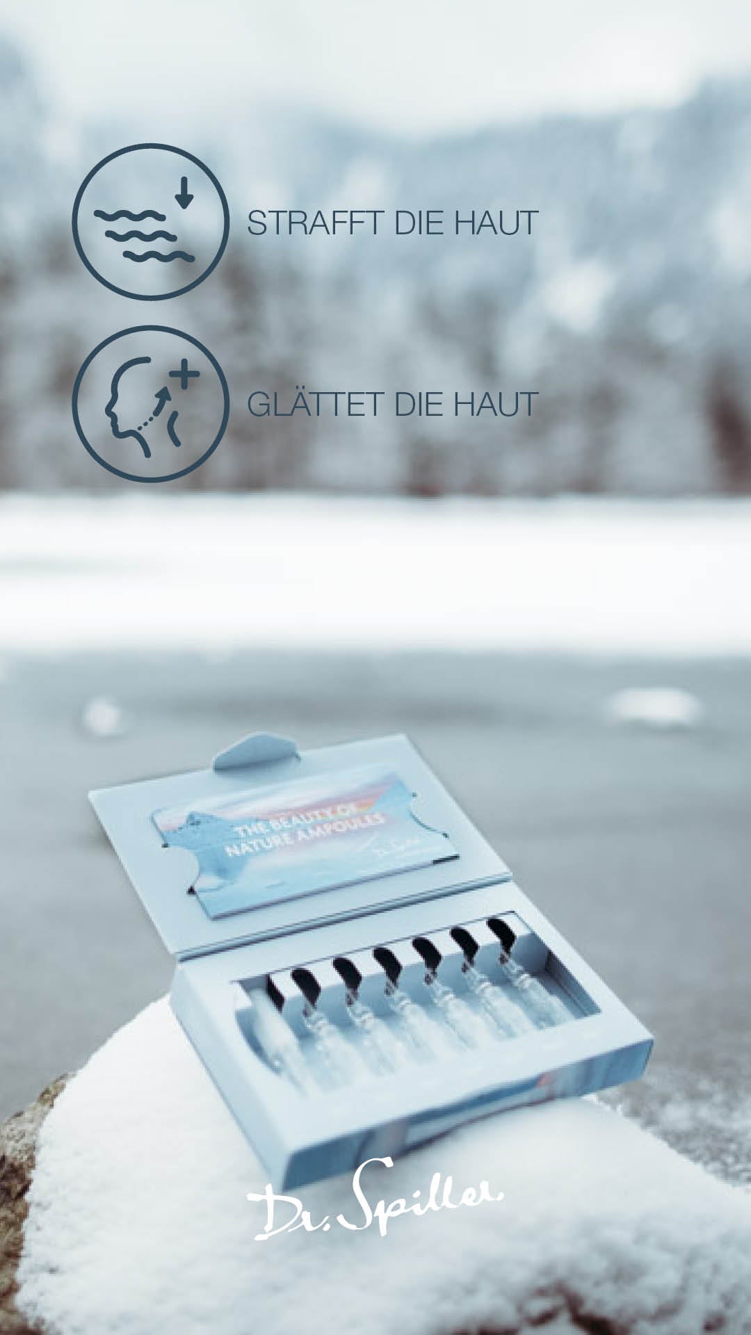 DR SPILLER Frozen Lake - YOUTH The Lifting Ampoule – 7x2ml, geöffnete Umverpackung auf Schnee