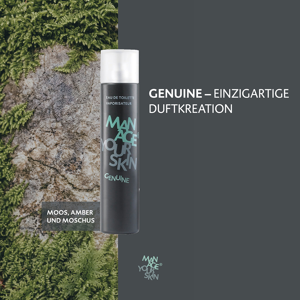 DR SPILLER Manage your Skin Genuine  – Eau de Toilette für den Mann, 100 ml, Duftbeschreibung, Sprühflasche vor Hintergrund mit Stein und Farn