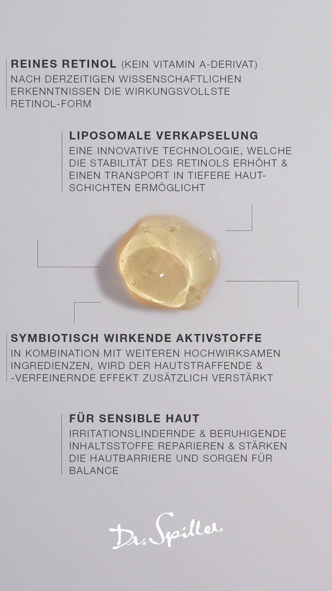 DR SPILLER Retinol+ Serum  – 30ml, Serumtropfen auf grauen Hintergrund mit Vorteilsbeschreibung