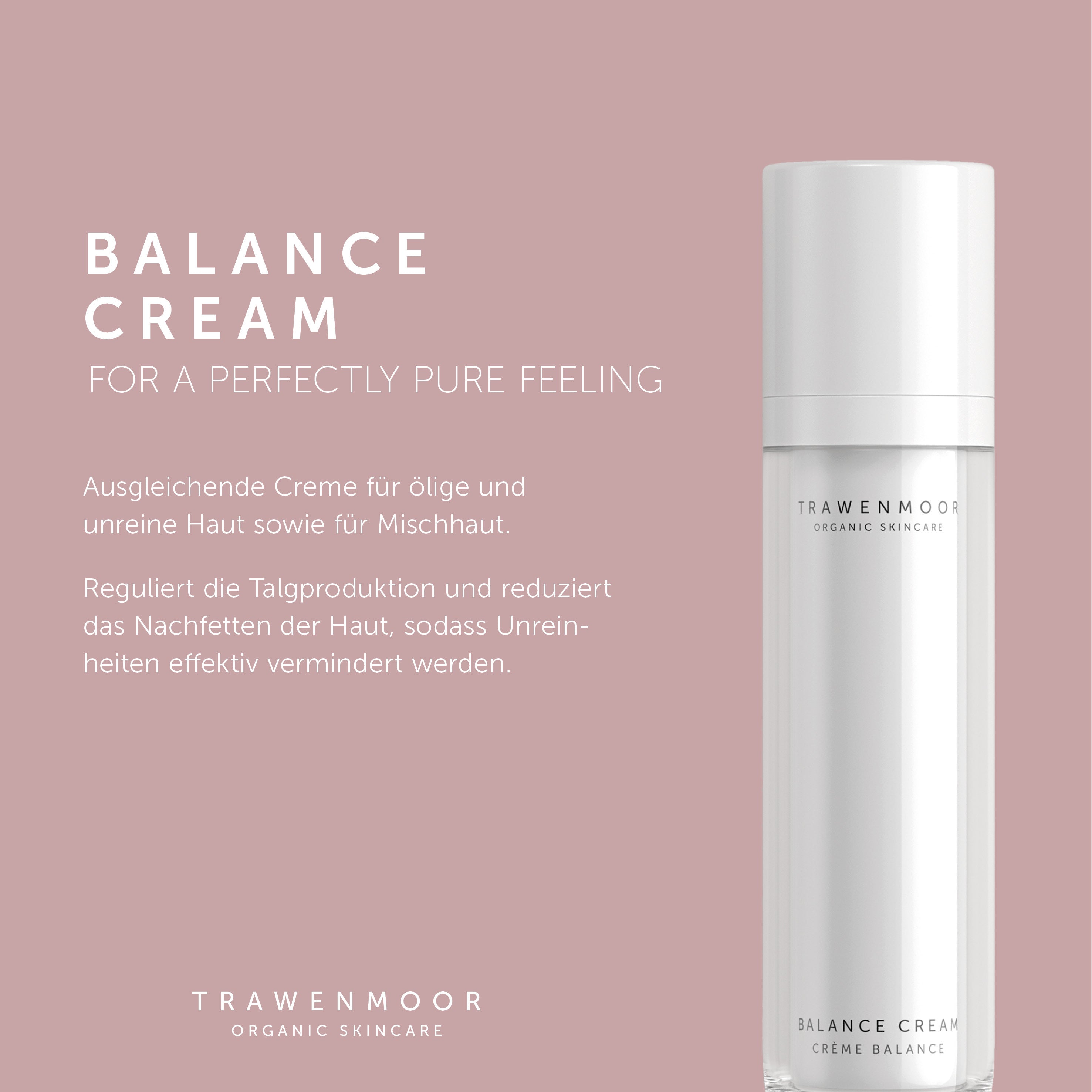 DR SPILLER TRAWENMOOR Balance Cream  – 50 ml, Spender und Produktbeschreibung auf rosa Hintergrund