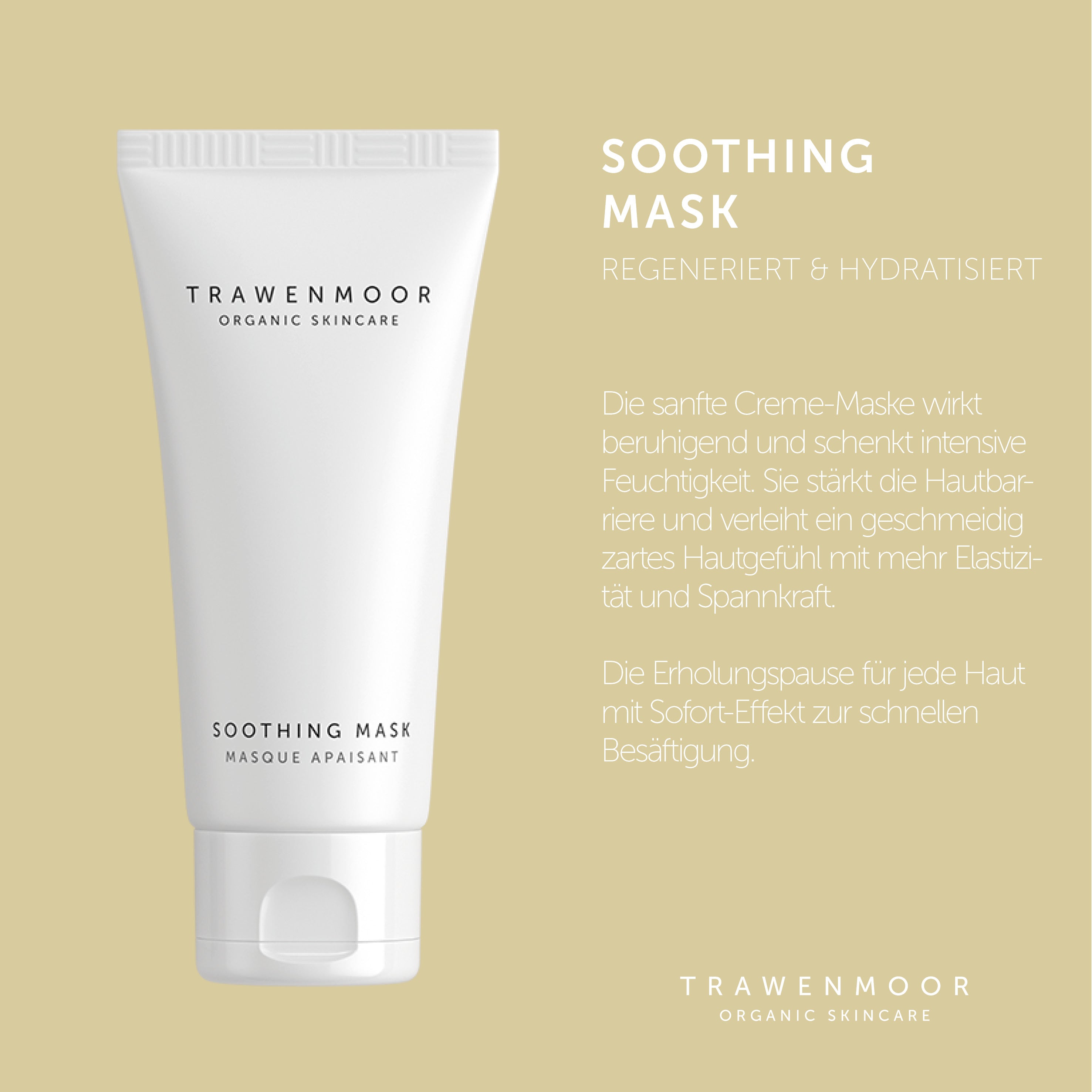 DR SPILLER TRAWENMOOR Soothing Mask – 50 ml, Tube mit Vorteilsbeschreibung auf gelbem Hintergrund