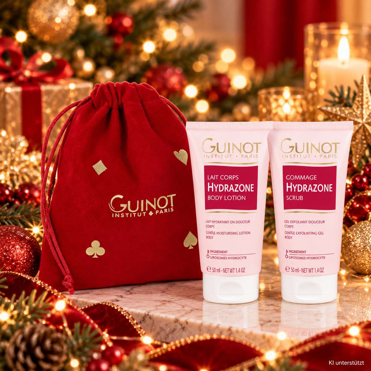 GUINOT Hydrazone Body Ritual – Limitiertes Körperpflege-Geschenkset, 2x50ml, Tuben und Zugbeutel vor weihnachtlichem Hintergrund