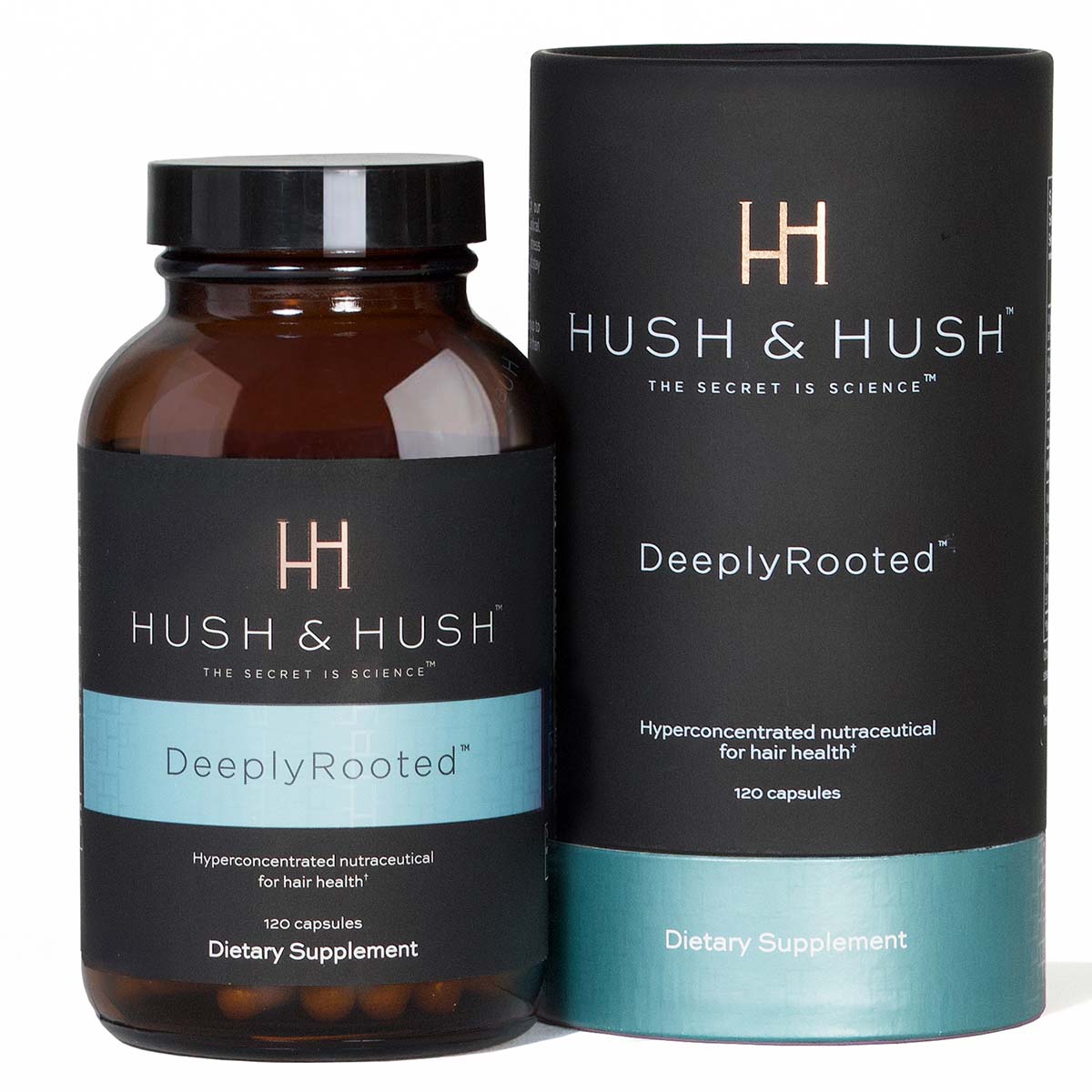 HUSH & HUSH DeeplyRooted – Nahrungsergänzung für gesundes Haarwachstum, 120Kapseln, Dose und Umkarton