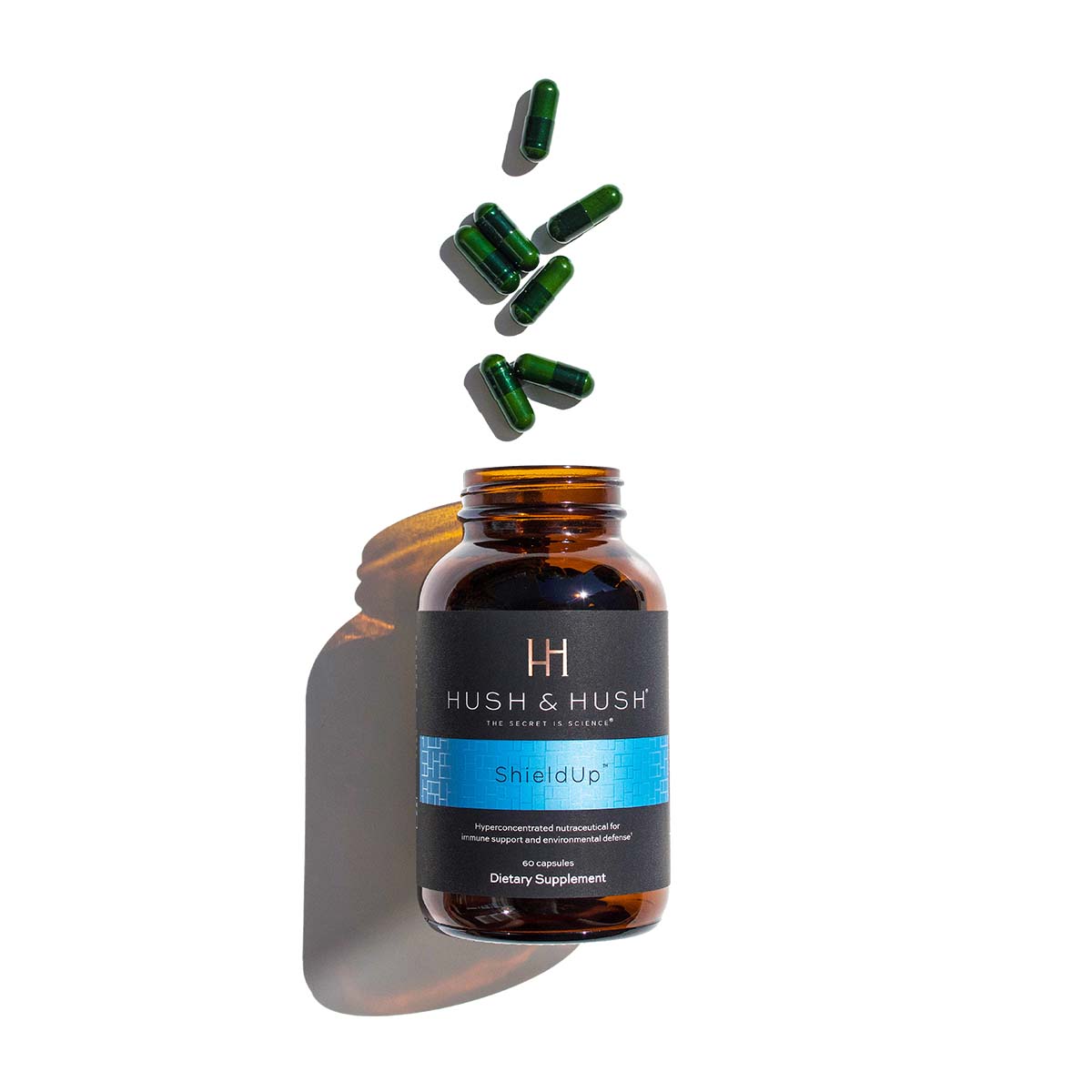 HUSH & HUSH Shieldup™ – Nahrungsergänzungsmittel, 50g, Dose offen mit Kapseln