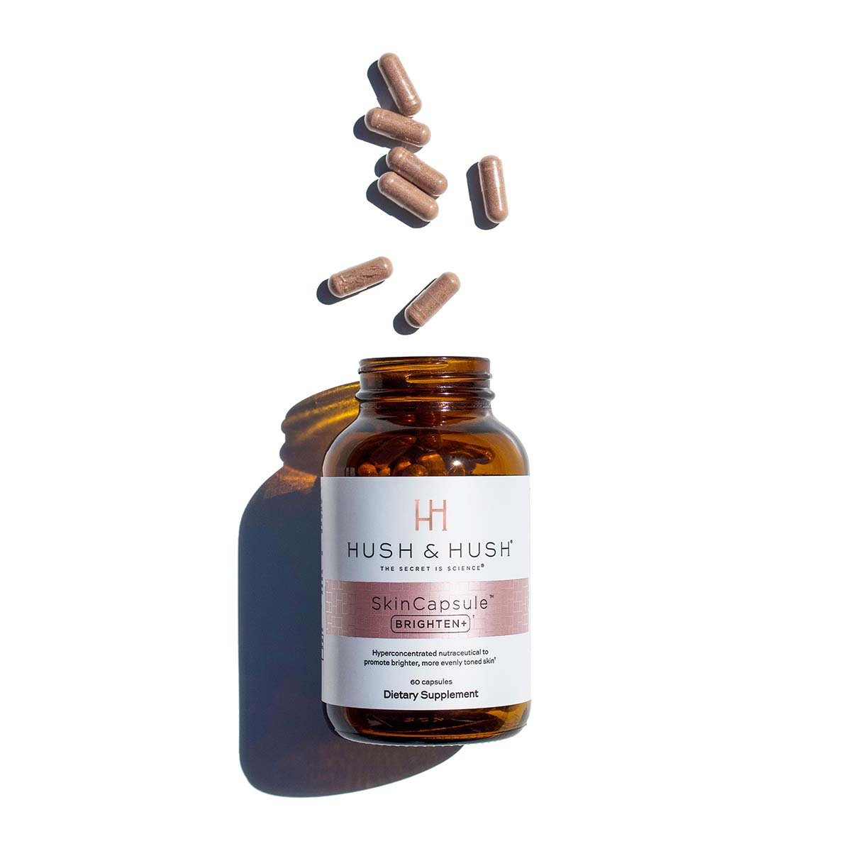 HUSH & HUSH Skincapsule™ Brighten+ – Nahrungsergänzungsmittel, 50g, Dose offen mit Kapseln