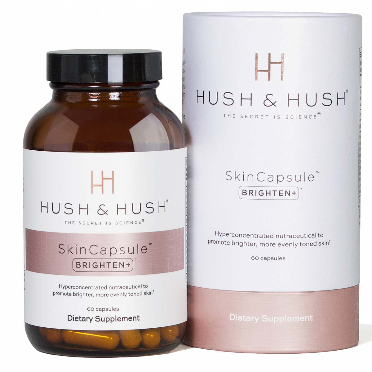 HUSH & HUSH Skincapsule™ Brighten+ – Nahrungsergänzungsmittel, 50g, Dose und Umkarton