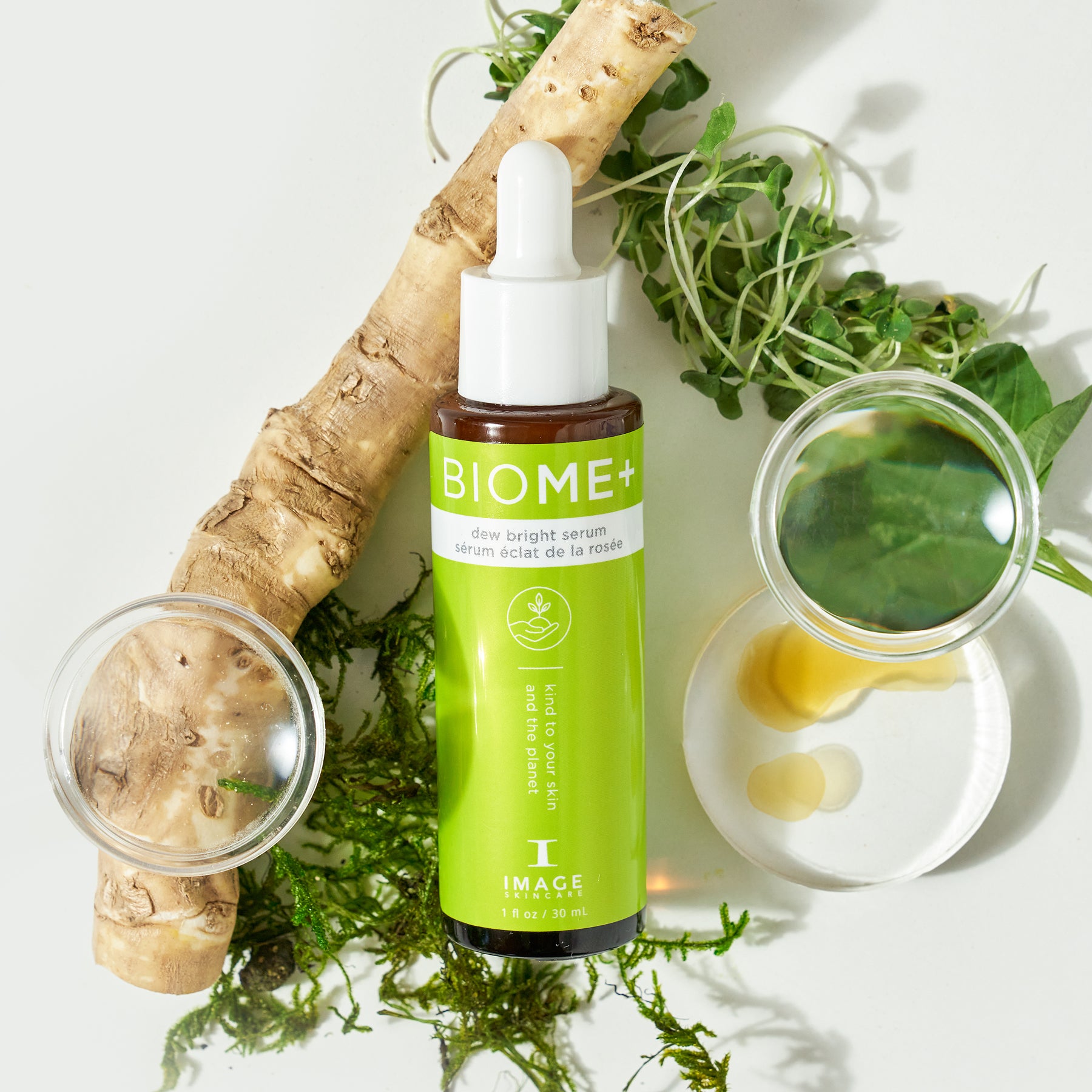 IMAGE SKINCARE BIOME+ dew bright serum – Glow-Serum, 30ml, Pipettenflasche mit Pflanzen