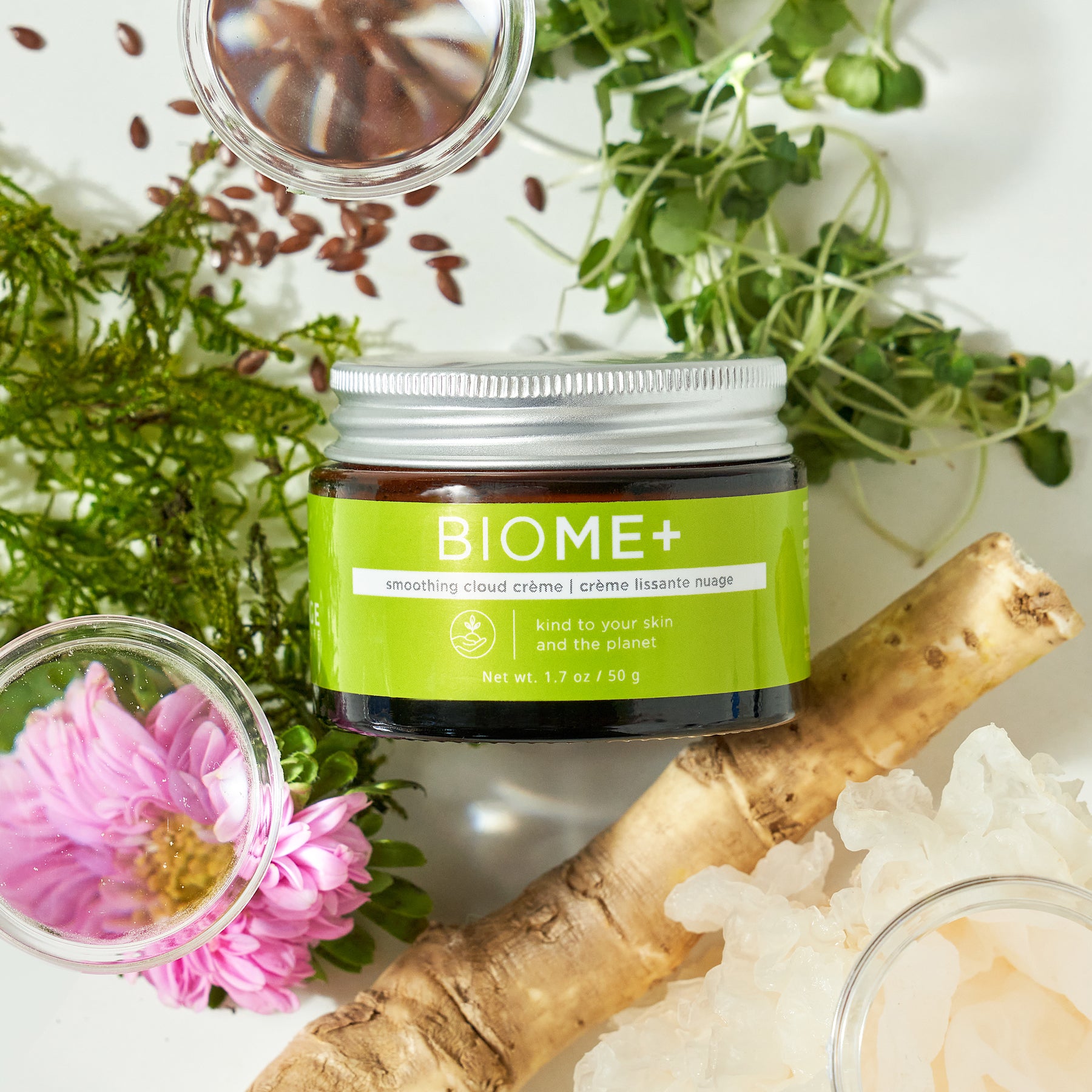IMAGE SKINCARE BIOME+ smoothing cloud crème – Aufpolsternde Pflege, 50g, Tiegel mit Pflanzen und Samen