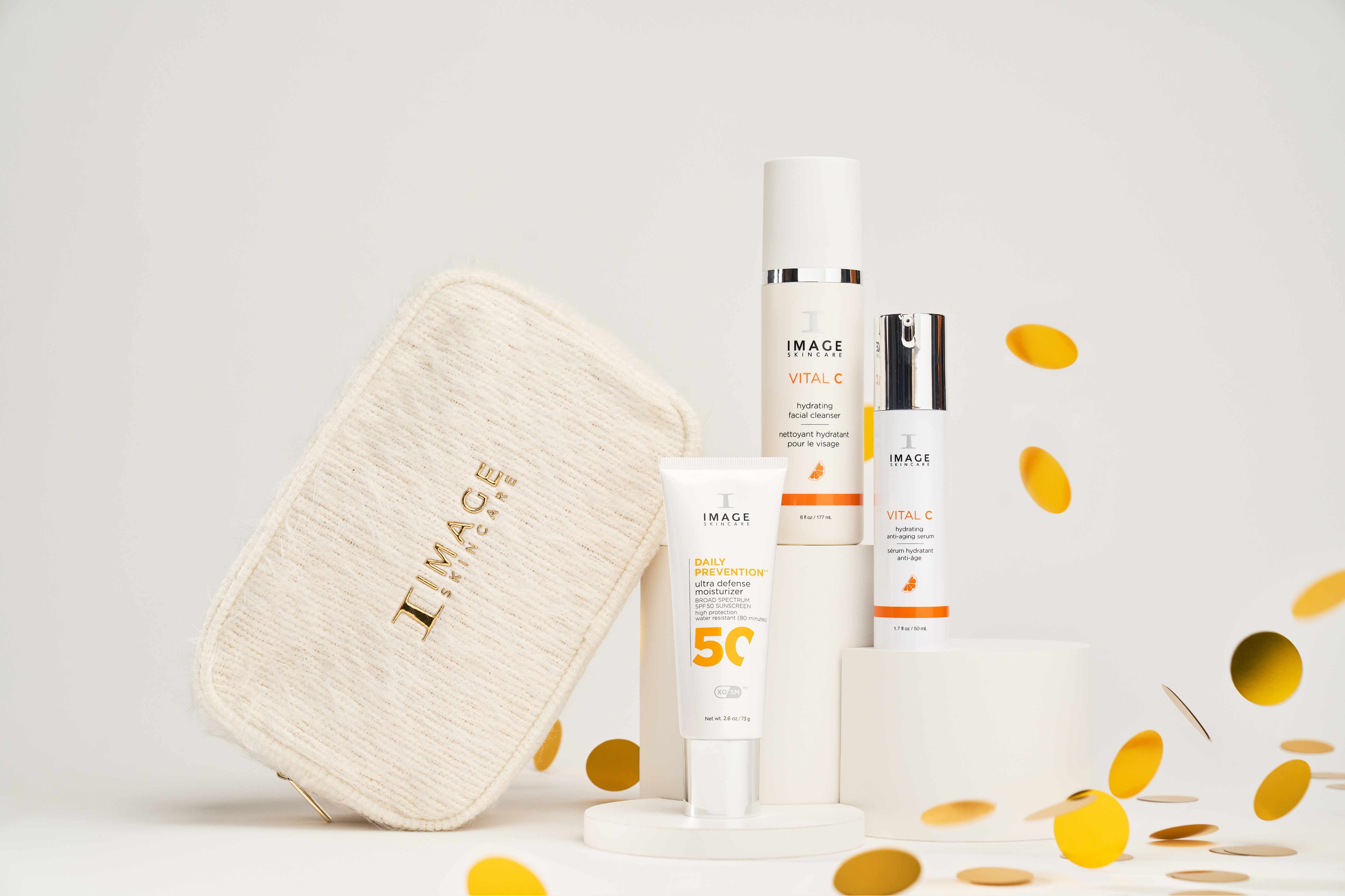 IMAGE SKINCARE Geschenk-Set - Opulent Radiance SPF 50 – 1Stk, Einzelprodukte und Kosmetiktasche mit Goldkonfetti