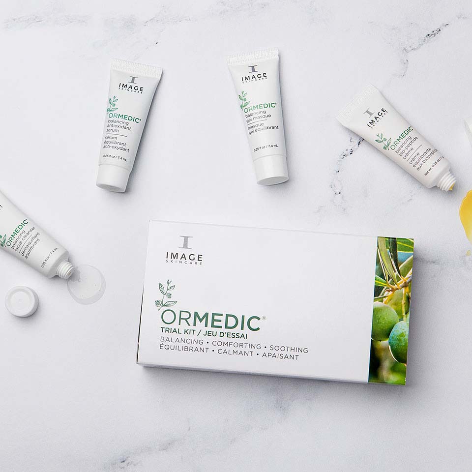 IMAGE SKINCARE Ormedic Travel/Trial Kit – 4x7g, Umkarton und Einzelprodukte mit Produktproben