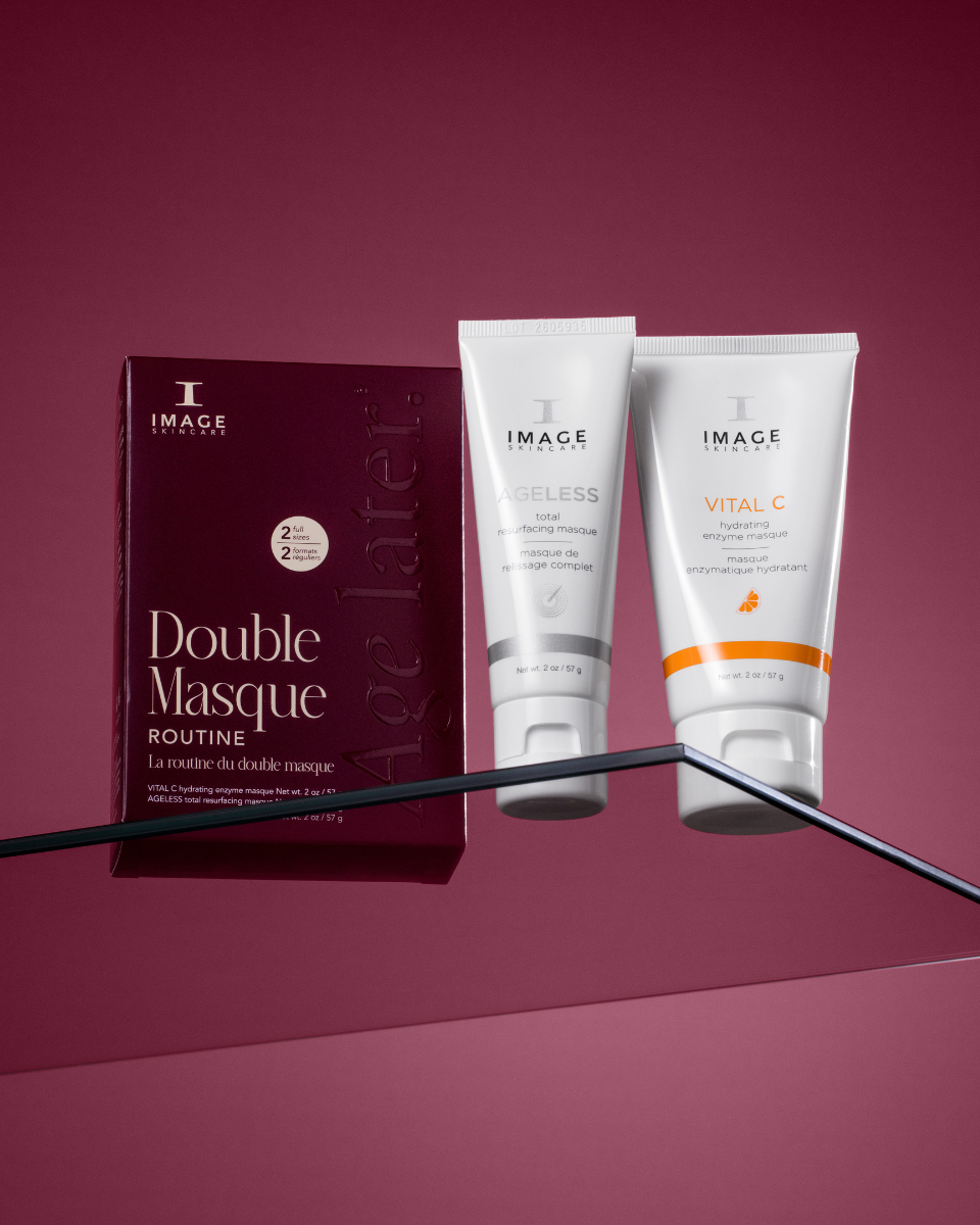 IMAGE SKINCARE the DOUBLE MASK routine, 2x57g, Tuben und Umkarton auf Tischplatte