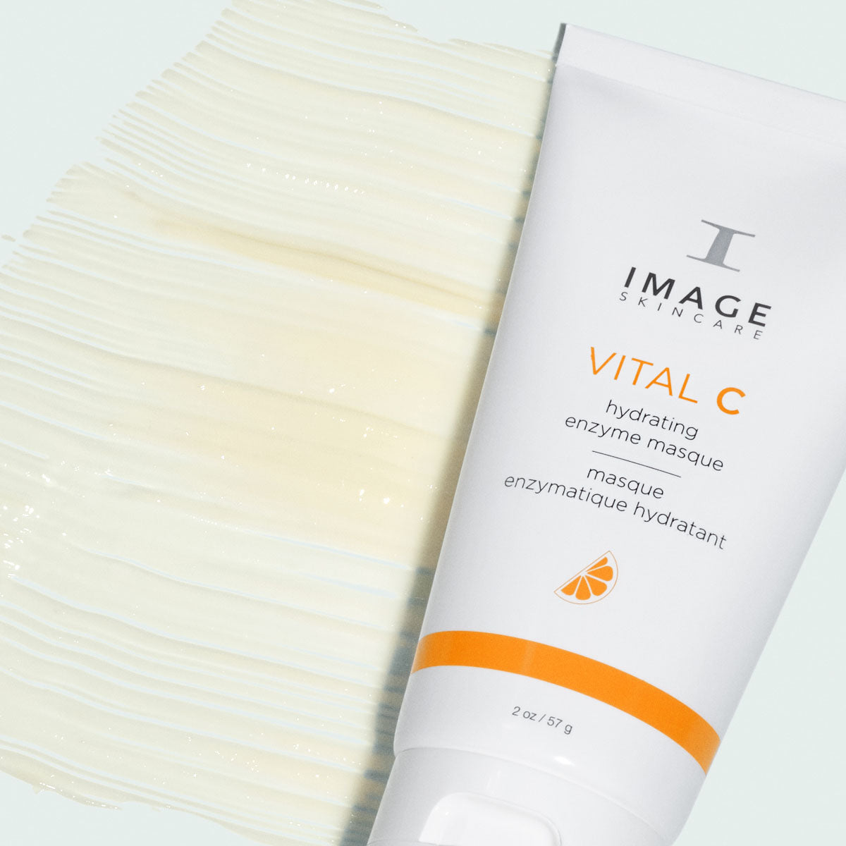 IMAGE SKINCARE Vital C Hydrating Enzyme Masque – 57g, Tube liegend mit Produktprobe