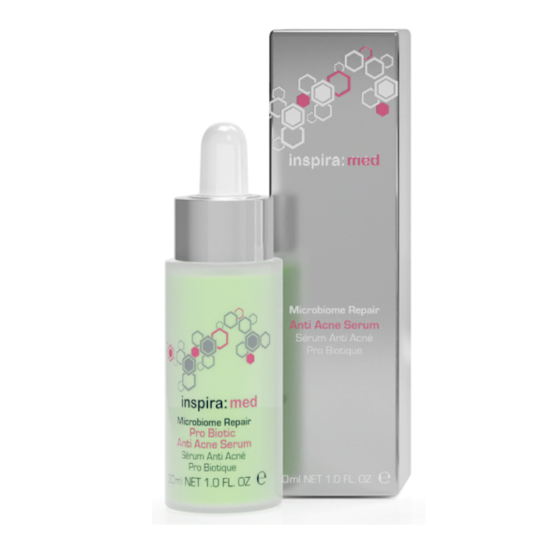INSPIRA:COSMETICS inspira:med Microbiome Pro Biotic Anti Acne Serum  – Klärendes Anti-Akne-Serum, 30ml, Pipettenflasche und Umkarton