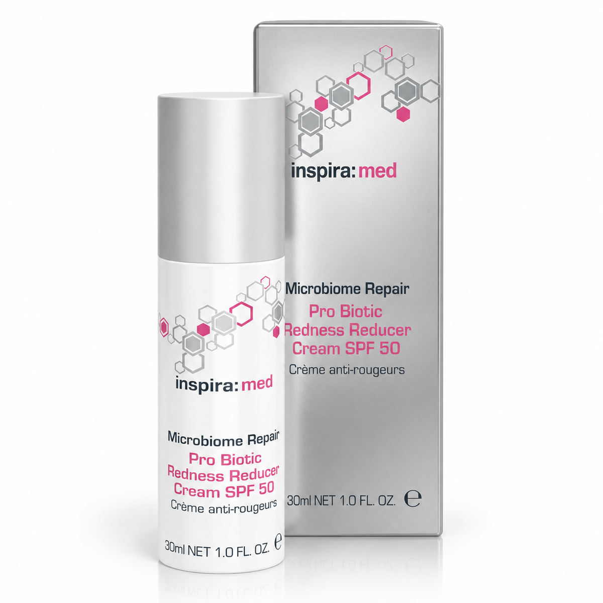 INSPIRA:COSMETICS  inspira:med Microbiome Repair Pro Biotic Redness Reducer Cream  – Rötungskorrektur LSF 50, 30ml, Pumpspender und Umkarton