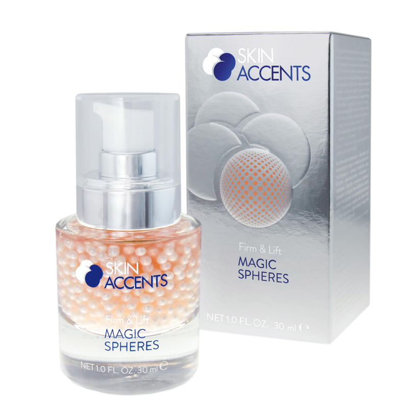 INSPIRA:COSMETICS Skin Accents Magic Spheres FIRM & LIFT  – Straffende Wirkstoffperlen & Serum für glattere Hau, 30ml, Pumpspender und Umkarton