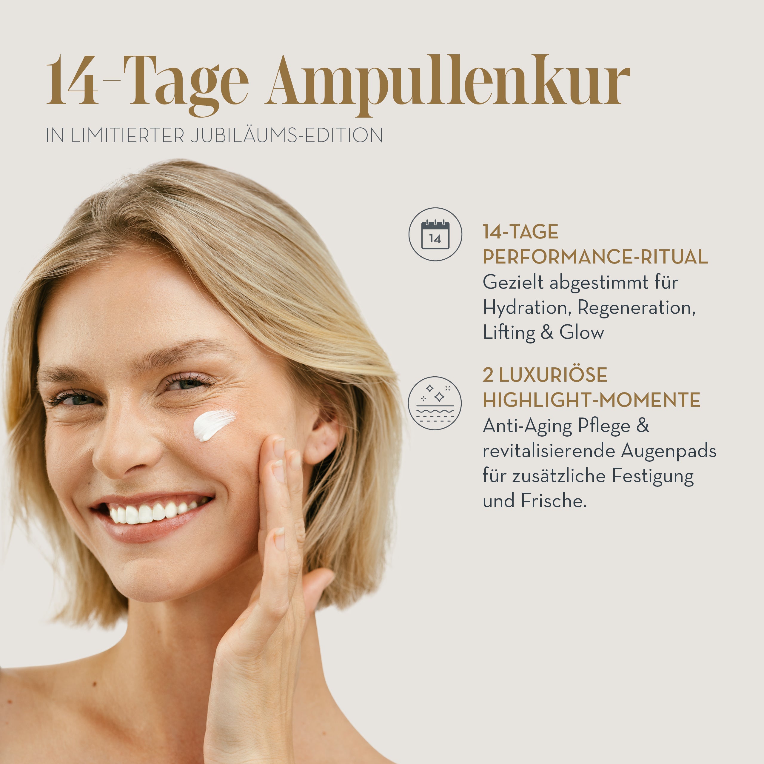 JEAN D'ARCEL The Essence of Gold - 14 Tage Ampullenkur – ür glatter wirkende, strahlende und intensiv gepflegte Haut, ., Model wendet Creme an