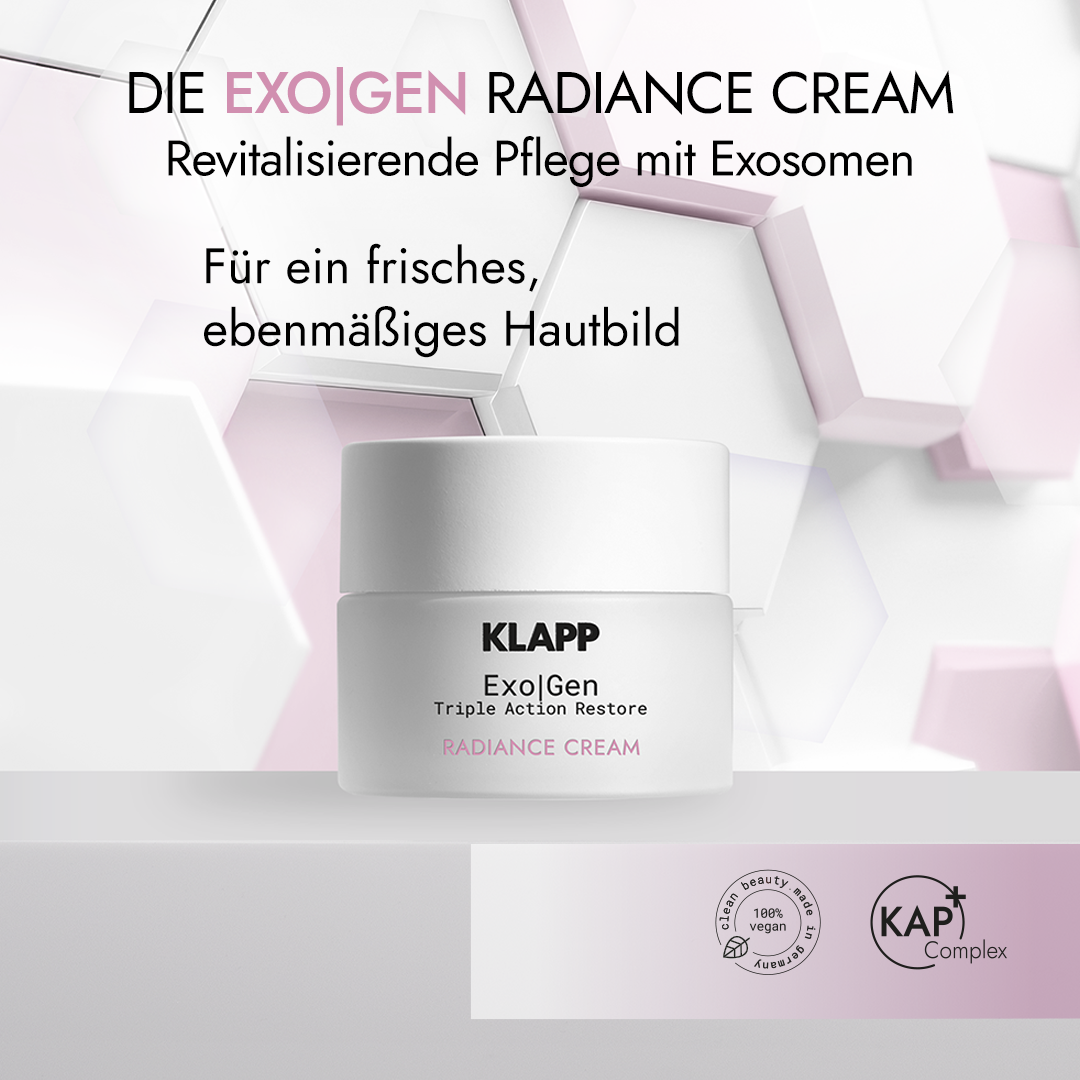 KLAPP Exo|Gen Triple Action Restore Radiance Cream – für mehr Glow, 50ml, Tiegel Wirkversprechen und Siegel