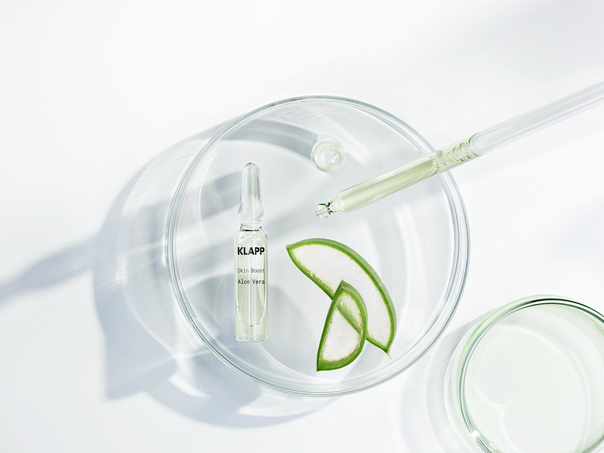 KLAPP Skin Boost Aloe Vera Ampoules  – für gereizte Haut, 5x2ml, Ampulle in Petrischale mit Pipette