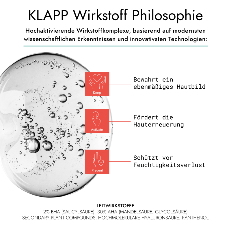 KLAPP Triple Action Glow Peeling AHA + BHA – Fruchtsäurepeeling, 30ml, Peelingkonsistenz und Wirkstoffphilosophie