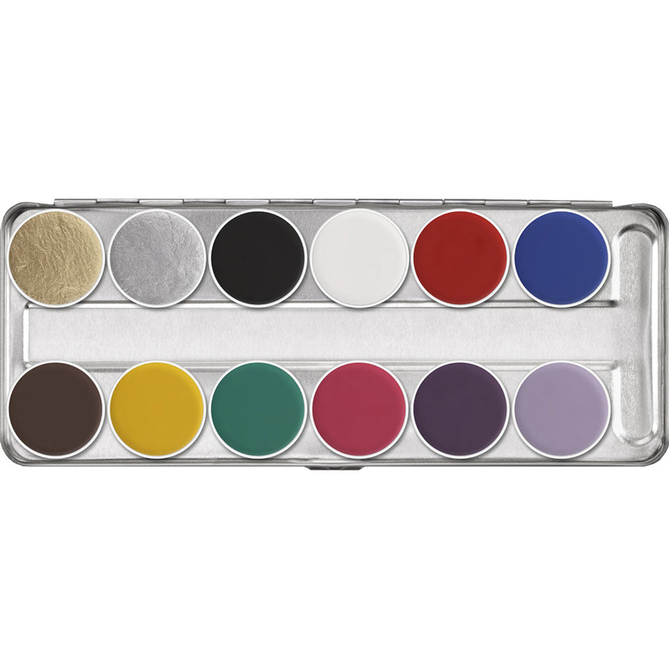 KRYOLAN Aquacolor Palette 12 Farben coidro – Kompaktschminke für Gesicht und Körpe, 40ml, Palette offen